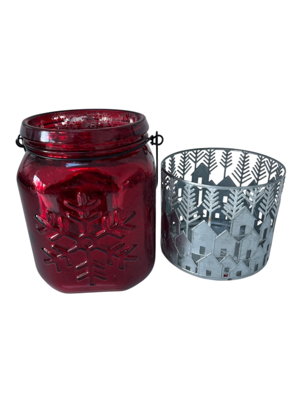 Set of 2 Holiday Christmas Candle Holders Red and Silver Tone
